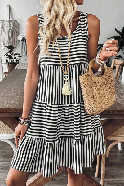 Black Stripe U Neck Sleeveless Loose Fit Mini Dress