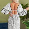 Gray Floral Print Open Back Balloon Sleeve Square Neck Mini Dress