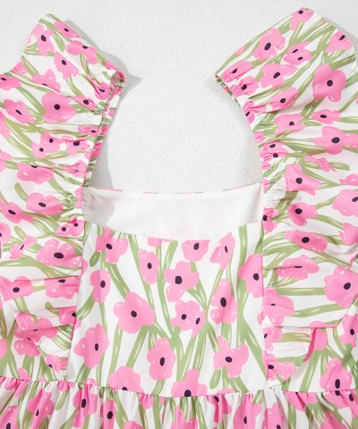 Pink Floral Print Square Neck Ruffled Strap Maxi Dress