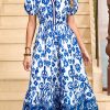 Blue Floral Puff Short Sleeve V Neck High Waist Maxi Dress