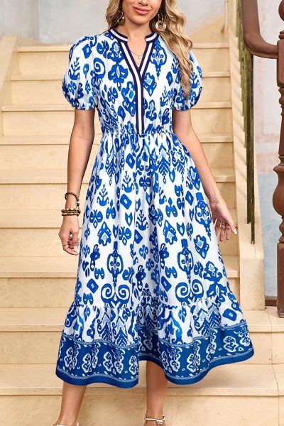 Blue Floral Puff Short Sleeve V Neck High Waist Maxi Dress