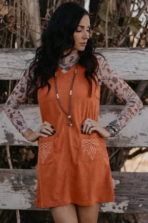 Gold Flame Corduroy Western Embroidered Patched Pocket Shift Sleeveless Mini Dress