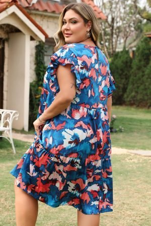 Blue Abstract Print Shirred Ruffled Short Sleeve Tiered Plus Size Mini Dress - Image 2