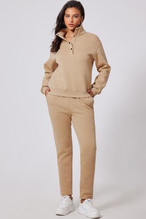 Parchment Solid Half Button Sweatshirt and High Waist Sweatpants Set - Image 5