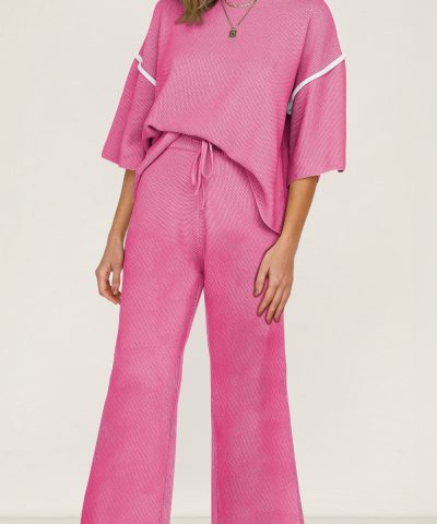 Bright Pink Contrast Trim Half Sleeve Top Drawstring Pants Loose 2pcs Sweater Suit