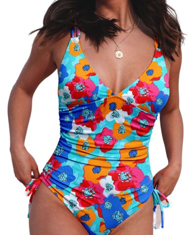 Sky Blue Adjustable Straps Ribbed Knit One Piece Swimsuit