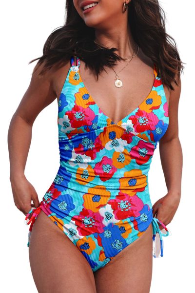 Sky Blue Adjustable Straps Ribbed Knit One Piece Swimsuit