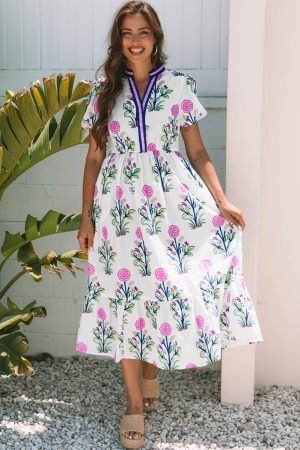 White Floral Puff Short Sleeve V Neck High Waist Maxi Dress - Image 4