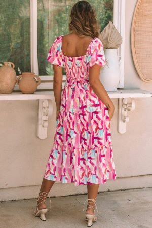 Alternative view of Pink Brush Stroke Printed Smocked Ruffle Tiered Dress