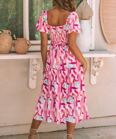 Pink Brush Stroke Printed Smocked Ruffle Tiered Dress