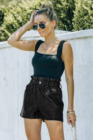 Black Faux Leather Paper Bag Waist High Rise Shorts - Image 5