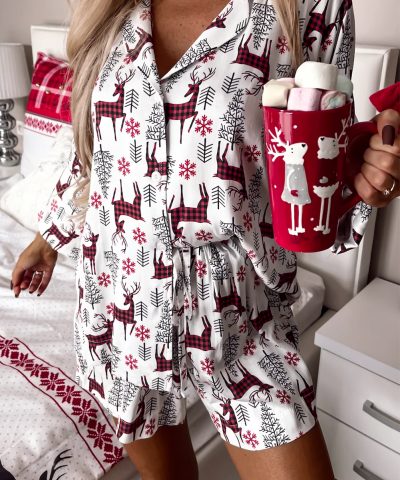 White Christmas Deer Printed Shirt and Shorts Lounge Set