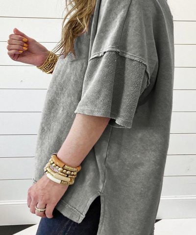 Light Grey Mineral Wash Drop Sleeve Patchwork Plus Tee