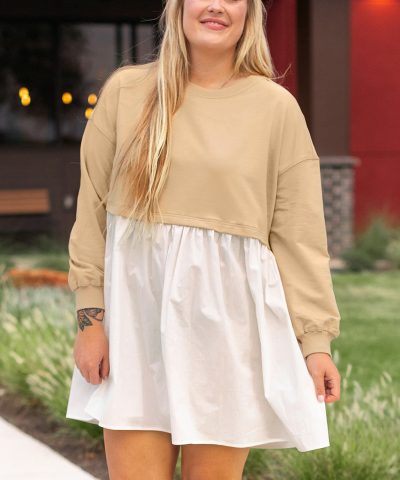 Apricot Color Block Patchwork Ruffled Plus Size Mini Dress