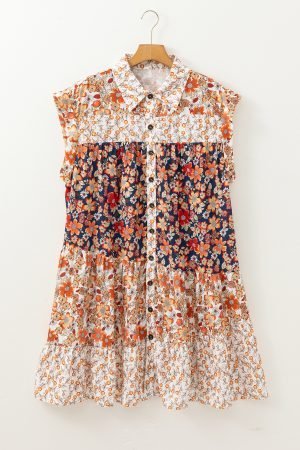 Beige Plus Size Floral Patchwork Button Front Collared Mini Dress - Image 3