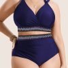 Navy Blue Embroidered Trim Wrap Tie Knot Plus Size High Waisted Bikini