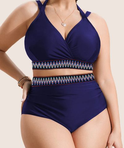 Navy Blue Embroidered Trim Wrap Tie Knot Plus Size High Waisted Bikini