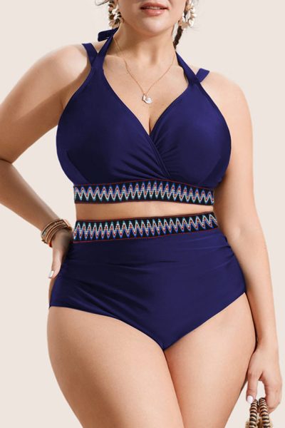 Navy Blue Embroidered Trim Wrap Tie Knot Plus Size High Waisted Bikini
