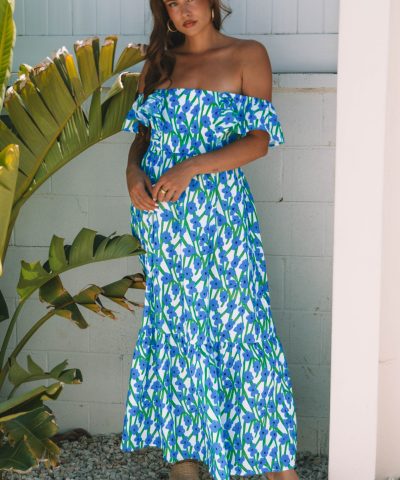 Blue Floral Print Square Neck Ruffled Strap Maxi Dress