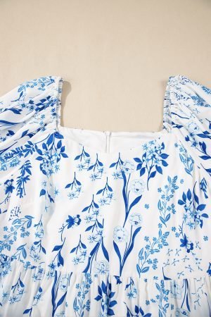 Sky Blue Floral Print Sweetheart Neck Plus Size Midi Dress - Image 9