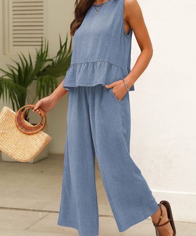 Beau Blue Solid Color Ribbed Ruffle Tank Top and Pants Set