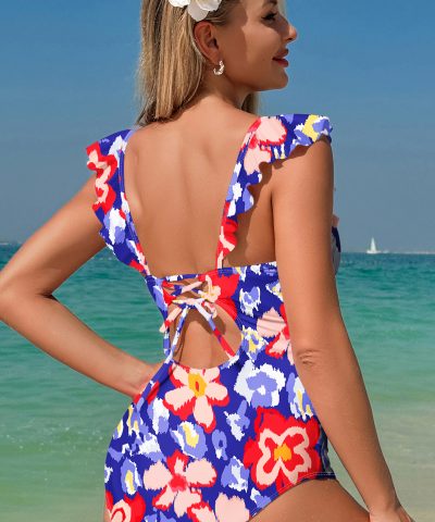 Blue Floral Ruffle Trim V Neck Lace-up Back Tummy Control One Piece Swimsuit