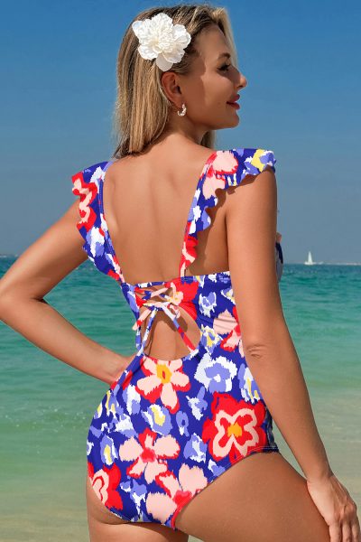 Blue Floral Ruffle Trim V Neck Lace-up Back Tummy Control One Piece Swimsuit