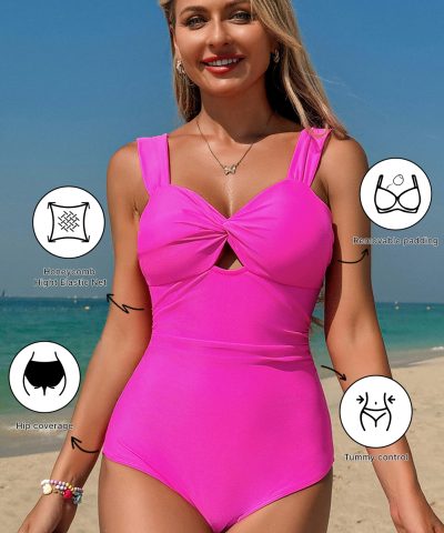 Bright Pink Cut out Twist Bowknot Backless One Piece Swimsuit