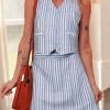 Sky Blue Stripe Buttoned Office Waistcoat Mini Skirt Set