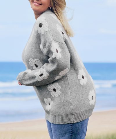 Gray Plus Size Embroidered Floral Pattern Half Zip Sweater
