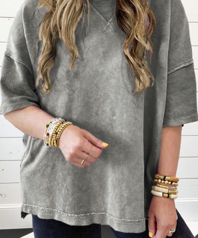 Light Grey Mineral Wash Drop Sleeve Patchwork Plus Tee