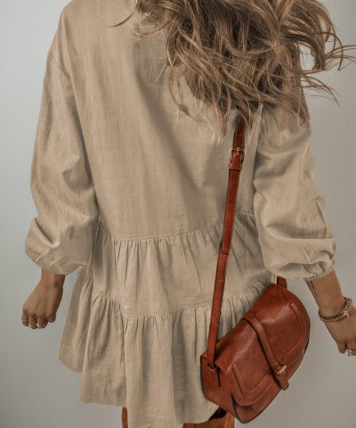 Tan Puff Sleeve Buttoned Tiered Pleated Shirt Mini Dress