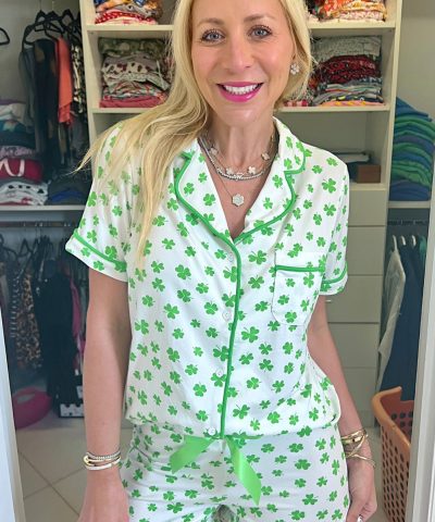Green Clover Printed Short Sleeve and Ruffled Shorts Pajama Set
