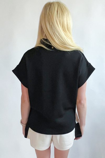 Black Contrast Zipped Stand Collared T Shirt and Short Set