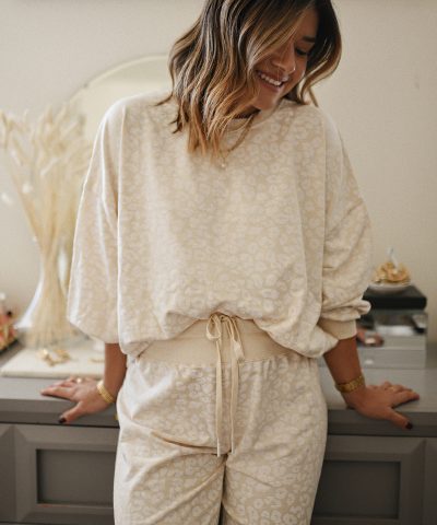 White Cheetah Print Two Piece Loose Fit Cozy Loungewear