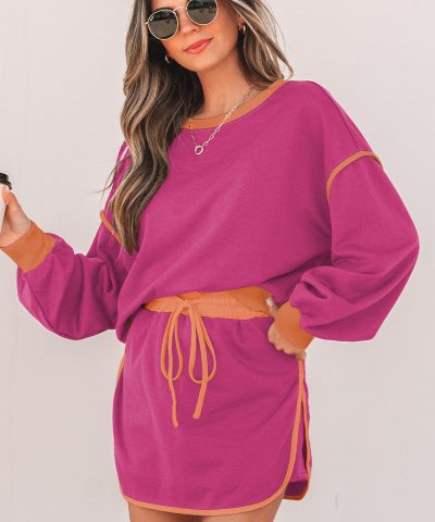 Rose Red Color Contrast Loose Pullover and Lace-up Waist Skort Set