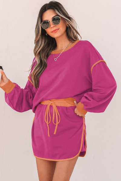 Rose Red Color Contrast Loose Pullover and Lace-up Waist Skort Set