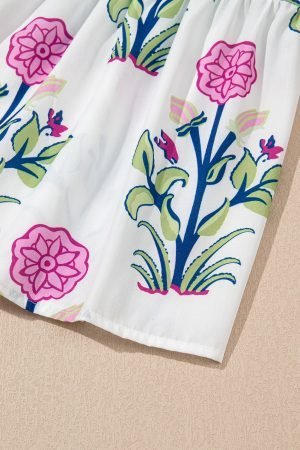 White Floral Puff Short Sleeve V Neck High Waist Maxi Dress - Image 10