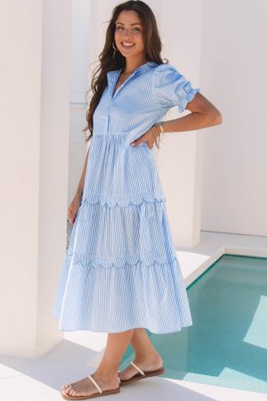 Sky Blue Stripe Bubble Short Sleeve Tiered Scallop Long Dress - Image 3
