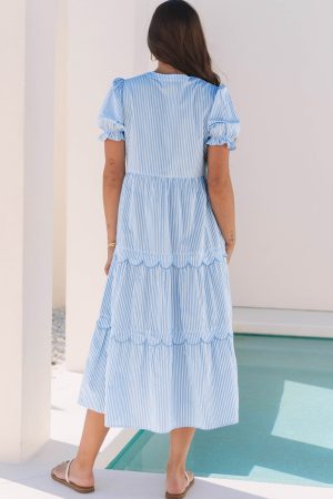 Sky Blue Stripe Bubble Short Sleeve Tiered Scallop Long Dress - Image 6