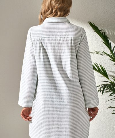 White Stripe Collared V Neck Chest Pocket Long Sleeve Beach Cover up