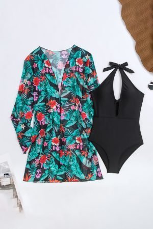 Black Halter Neck Monokini with Floral Beach Cover Up - Image 7