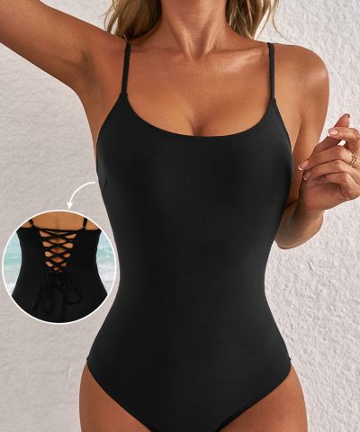 Black Thin Strap Strappy Lace-up Open Back One Piece Swimsuit
