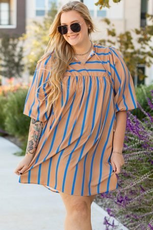 Khaki Stripe Contrast Striped Print 3/4 Sleeve Babydoll Plus Size Dress - Image 4