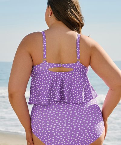 Purple Plus Size Polka Dot Print Ruffled Knotted V Neck Tankini Set