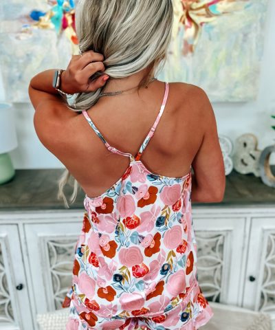 Multicolour Floral V Neck Cami Top and Ruffled Shorts Lounge Set