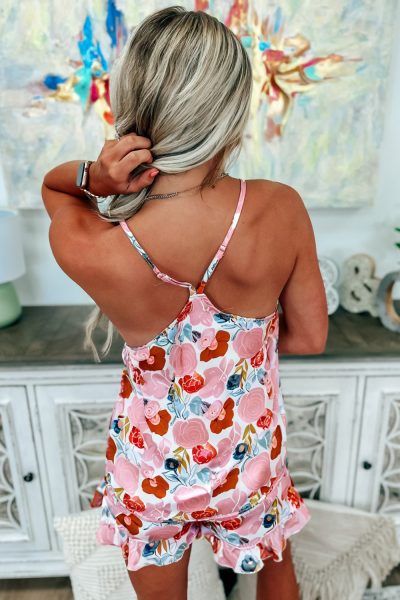 Multicolour Floral V Neck Cami Top and Ruffled Shorts Lounge Set