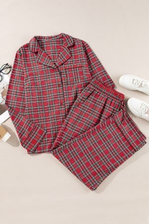 Red Plaid Printed Shirt and Pants Plus Size Lounge Set - Image 6