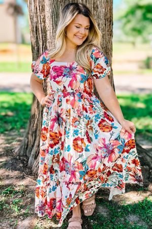 White Floral Square Neck Puff Sleeve Flowy Plus Size Midi Dress - Image 2