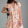 Apricot Floral Geometric Print Ruffled Trim Flutter Sleeve Mini Dress